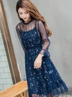 新品☆フォーマルワンピース 結婚式 ワンピース  紺 ネイビー S M L