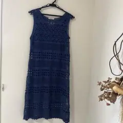 ノースリーブ透かし編みワンピース ネイビー