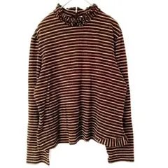 ハイネックニット フリル付き ストライプ長袖トップス ブラウン 薄手