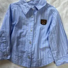 水色ストライプ クマ刺繍 長袖シャツ 2歳