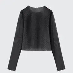 ユニクロ　ドットメッシュクロップドTシャツ　ブラック 長袖　M