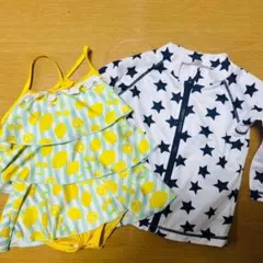 レモン柄フリルストライプ水着とネイビー星柄ラッシュガードセット かわいい 女児