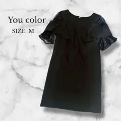 ✨美品✨　パーティードレス　半袖　レース　膝丈　シンプル　上品　ブラック　M