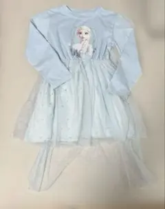 エルサ プリント 水色 長袖ワンピース　110チュールスカート　ラメ　マント付き