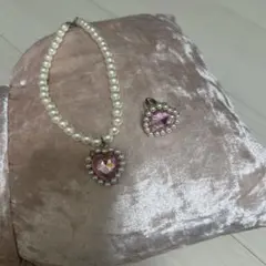 パールとハート型ストーンのネックレスセット