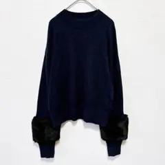 BANANA REPUBLIC【XS】ニット 袖ファー ネイビー×ブラック