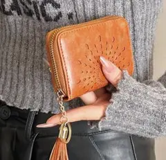 b58新品クラフトPUレザーラウンドファスナー財布フリンジ付キャメル497