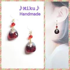 No.608-D　琉球ガラス♡ブラックラメ☆ピアス・イヤリング(レッド)