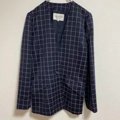 jun ashida チェック柄ノーカラージャケット　ウール100% 紺　9号のサムネイル