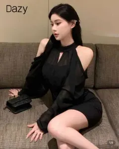 【Dazy】ブラック オフショルダー シースドレス L