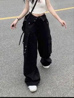 ブラック ワイドカーゴパンツ ストリート系