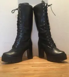 レースアップ ブラック レザー ロングブーツ 高ヒール 太ヒール 厚底