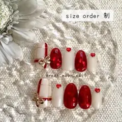 サイズオーダー制／赤ハートホロ埋めつくしバレンタインネイルチップ
