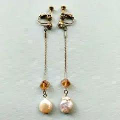 バロックパールイヤリング　ロングイヤリング　淡水パール　ネジ式