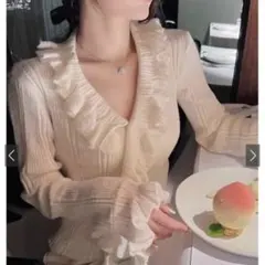 フリル付きアイボリーリブカーディガン［at2465］