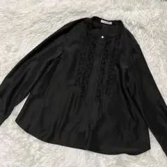 OPAQUE.CLIP 長袖　バンドカラー　フリルシャツ　　光沢　ブラック　M