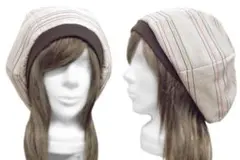 ハンドメイド◆ゆったりルーズ・リブ付ベレー帽◆ボーダー柄コットンリネンニット