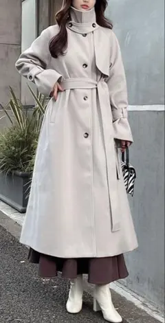 GRL　リボンベルト付きフェイクウールトレンチコート [オフベージュ]