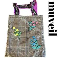 muveil トートバッグ　刺繍　pvc ビニール　チェック　花　フラワー