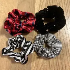 シュシュ4個セット（花柄.ストライプ.ハウンドトゥース、ベルベット）　美品