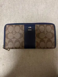 美COACHラウンドジップ 長財布 ブラウンxネイビー