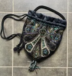 【美品】華やかビーズ刺繍 巾着ポシェット