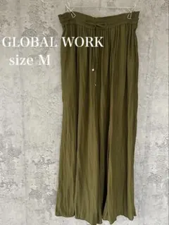 GLOBAL WORK ガウチョ サラサラサテンフレアワイドパンツ M オリーブ