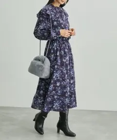 【ロペピクニック】フリルデザイン 花柄 ロング ワンピース ネイビー