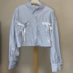 ems excite レースリボン付 ストライプ ショート丈シャツ　新品タグ付き