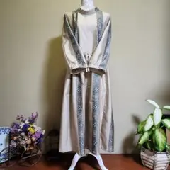 ★着物リメイク★　大島紬　花柄ストライプギャザーロングワンピース