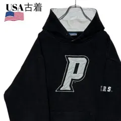 00s USA古着カレッジパーカー 黒XXL 刺繍ロゴ 短丈スウェットフーディー