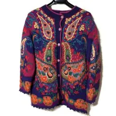 ヴィンテージ 総刺繍 赤 ピンク カーディガン 花柄 毛100% 昭和 レトロ