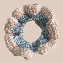 ハンドメイド かぎ針編み シュシュ ヘアゴム 【ピンク×ブルー色】 ニット