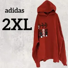 adidas【2XL】パーカー 長袖 裏起毛 プルオーバー 赤 ロゴ