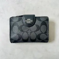 美品】COACH コーチ 折財布 ダブルファスナー PVC シグネチャー 黒 