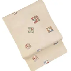 黄色オレンジ系　波に四角の柄が可愛い名古屋帯