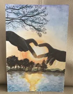 水彩画 夕日 海 風景 原画 絵画