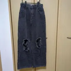 Bershka ブラック ダメージデニム ワイドレッグパンツ　38