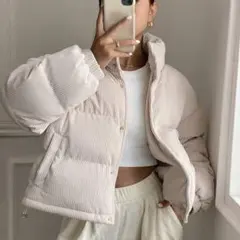 【美品】ライトベージュ ダウンジャケット ショート丈　コーデュロイ　M