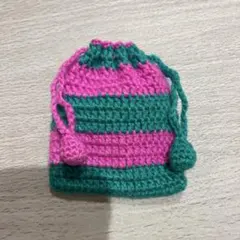 かぎ針編み 巾着袋 緑とピンク