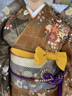 振袖フルセット　大人クスミカラー　立花　蝶々　吉兆模様　綸子　Ｍ