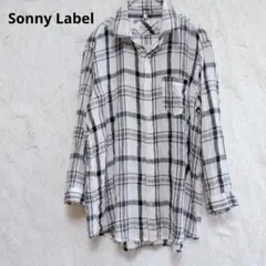 サニーレーベル　リネン100% チェック柄シャツ　白黒　七分袖　S相当のサムネイル