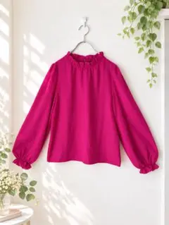 【SHEIN シーイン】フリルネック 長袖ブラウス ピンク ボリューム袖　S
