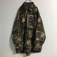 レアデザイン 古着 レトロ 抽象的アート 総柄 ポリシャツ 長袖メンズL 日本製