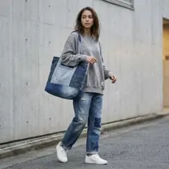 一点物 デニム リメイク パッチワーク トートバッグ ハンドメイド 再構築 A4