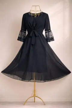 新品 黒シフォンフレアワンピ M レースカーデ パールSET 結婚式 春 綺麗め