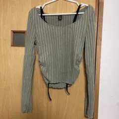 リブニット トップス サイドリボン付き 長袖 モスグリーン