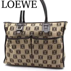 LOEWE リピートアナグラム トートバッグ 肩掛け キャンバス ベージュ 黒色