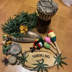 ジャマイカ レゲエ　雑貨　スモーキングプレートと装飾アイテムセット 蛇皮ジェンベ