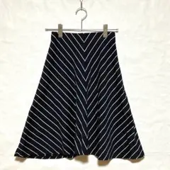 ★美品 AULA AILA 日本製 ストライプ柄フレアスカート 紺 S 綿のサムネイル